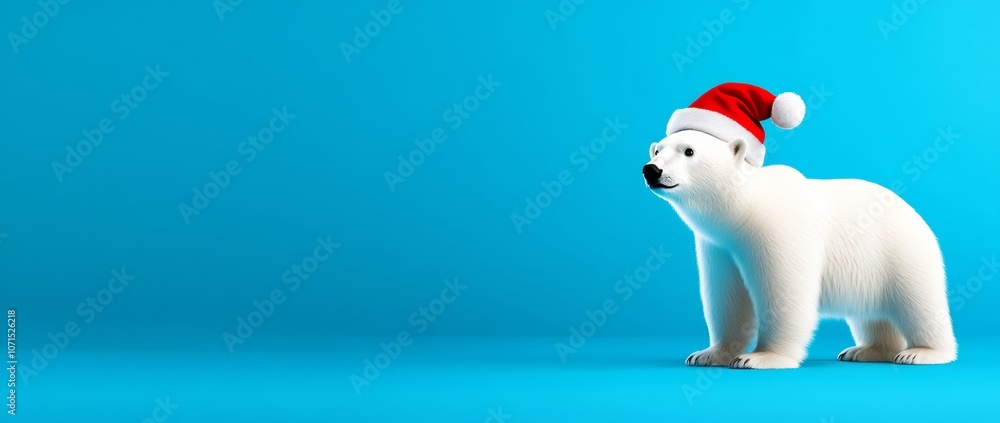 Fototapeta premium Polar bear wearing a red hat and a red Santa hat stands on a blue background. Concept of holiday cheer and warmth, as the polar bear is dressed in festive attire
