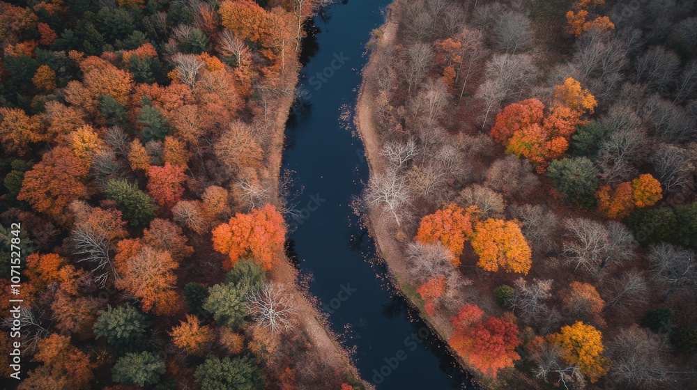 Aerial View of a Winding River Through Autumnal Forest Aerial View of a Winding River Through Autumnal Forest