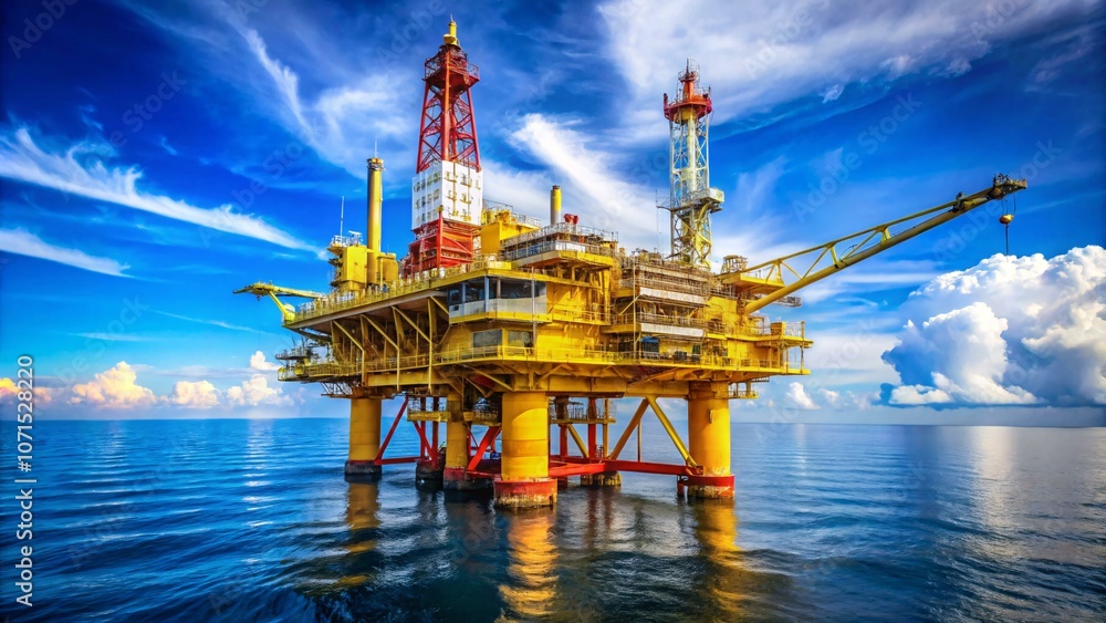 A yellow and red offshore oil rig platform stands in the middle of a blue ocean under a bright blue sky with white clouds. A yellow and red offshore oil rig platform stands in the middle of a blue ocean under a bright blue sky with white clouds.