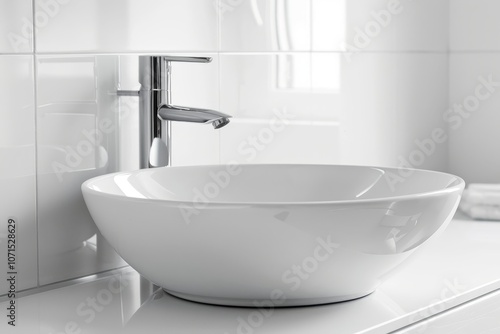 A close-up of a clean, minimalist bathroom with a stylish white sink and modern faucet photo