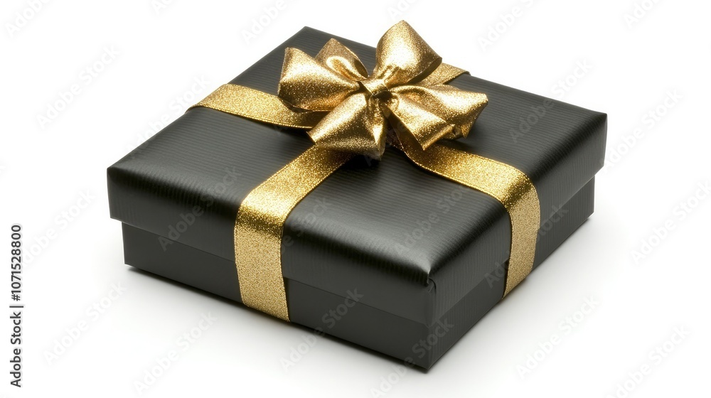 Elegant black gift box with gold bow, on blank background, offering ample copy space for festive messages. Elegant black gift box with gold bow, on blank background, offering ample copy space for festive messages.