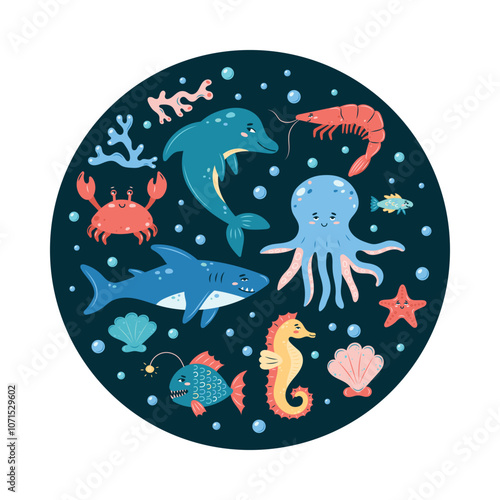 Sea Life round poster on dark background. Set of sea animals. Characters in children's style. vector illustration.