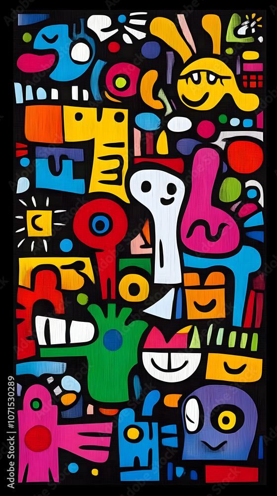 Obraz premium Abstract Illustration - Colorful Doodle Art with Playful Characters and Shapes