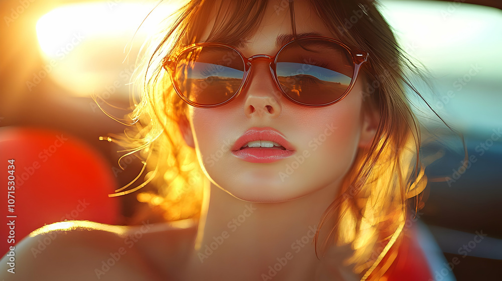 Fototapeta premium Woman with Sunglasses and Golden Hair in the Sunset - Realistic Image