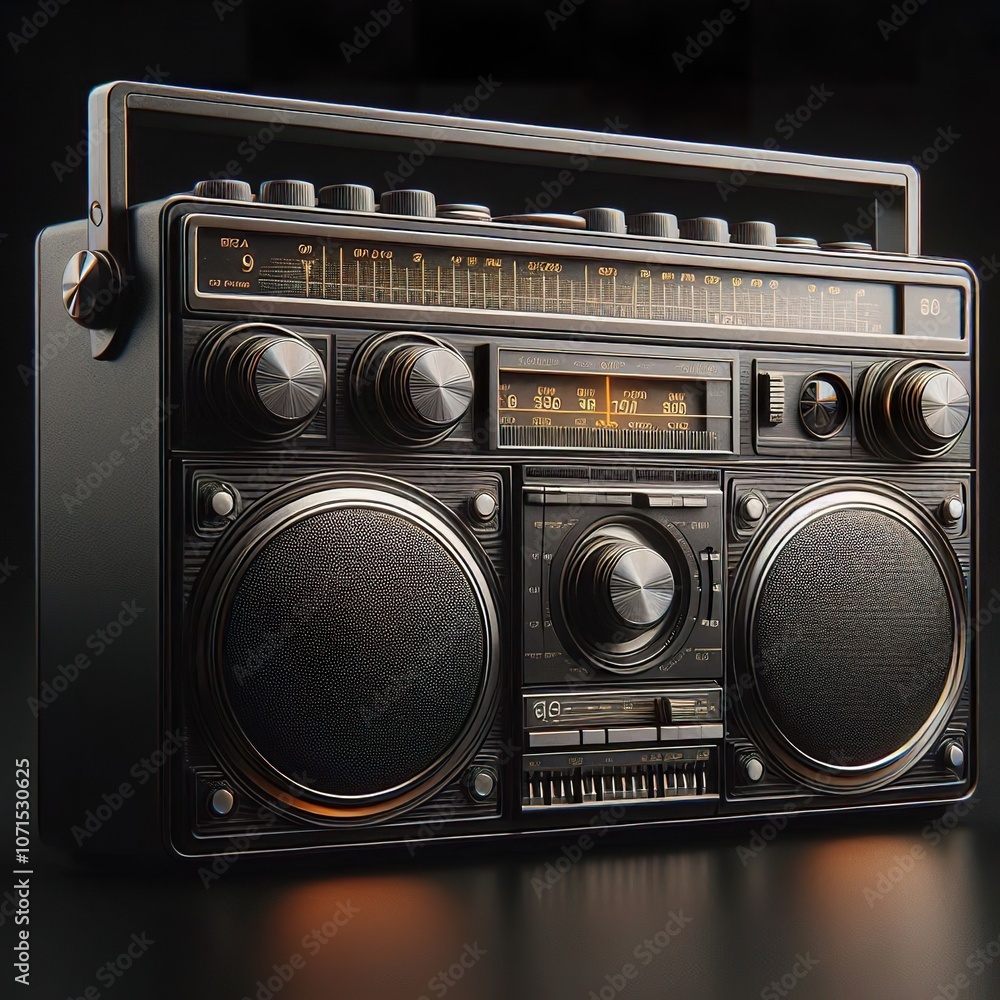 Fototapeta premium a dark metallic style 60s retro boombox, vintage realistic, hyper realistic, isolated on white background