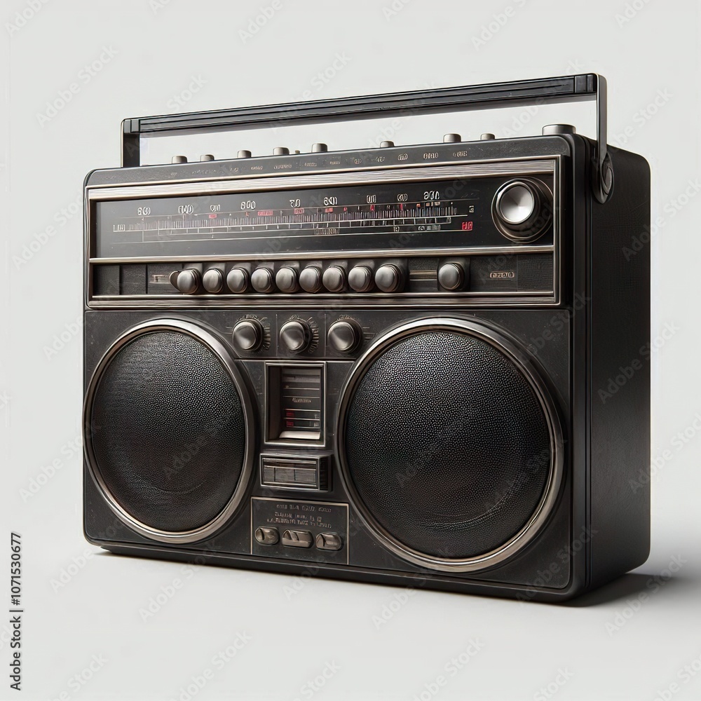 Fototapeta premium a dark metallic style 60s retro boombox, vintage realistic, hyper realistic, isolated on white background