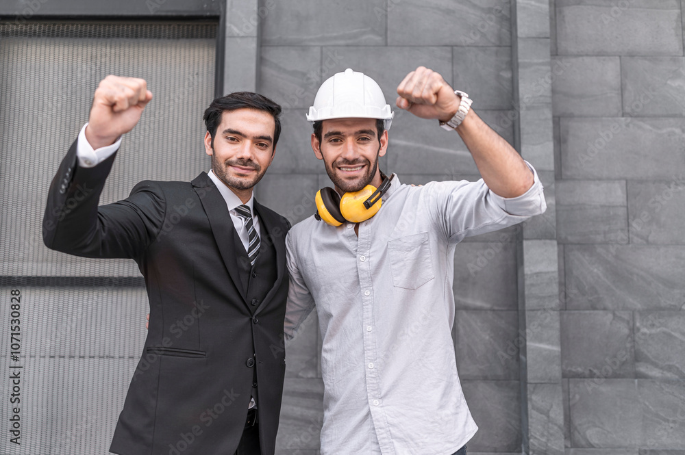 Project engineer and young businessman make high five for success business deal at outdoor office building project.