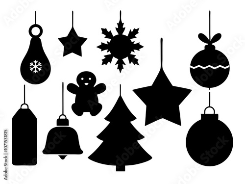 set of Christmas decorations vector silhouette back on white background