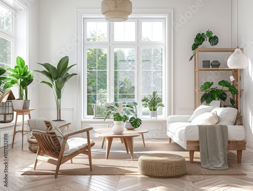 A bright, well-lit room with Scandinavian decor, wooden furniture, and indoor plants exuding calm