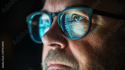 Data Reflecting on Eyeglasses on Man's Face. Computer photo