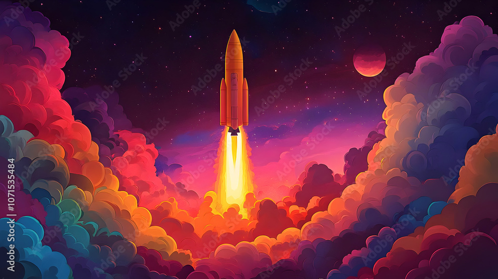 Fototapeta premium Rocket Launch Through Colorful Clouds Illustration