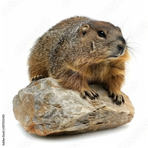 Yellow bellied marmot sitting on a rock, looking curious against white background photo