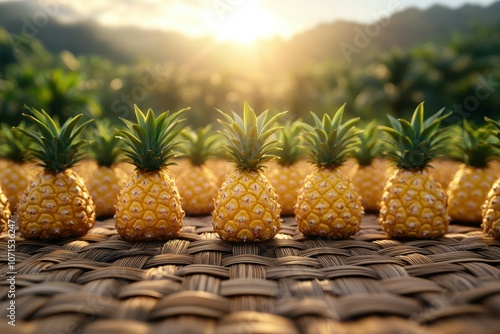 Ground level angle view, woven rattan surface with blurred pineapple field and sunlit horizon, bringing tropical freshness, ad promo template, tropical branding, fruit decor photo