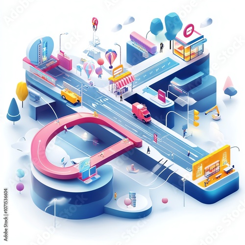 An isometric illustration of a city with buildings, cars, and people, forming the shape of a letter "T".