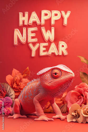 New Year Cards: 2025-themed Cute Neon Background Baby Chameleon Illustrations photo