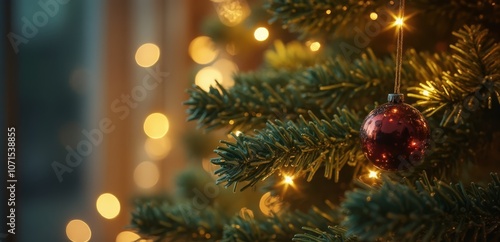 A red ornament hanging from a christmas tree with lights in the background