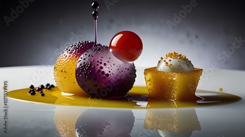 A display of molecular gastronomy, featuring creative presentations and unique textures. molecular gastronomy, innovative cuisine, texture, presentation, fine dining, experimental food