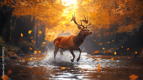 Autumn Forest Deer Running ...