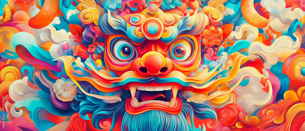 Fototapeta Vibrant dragon mask surrounded by colorful floral patterns