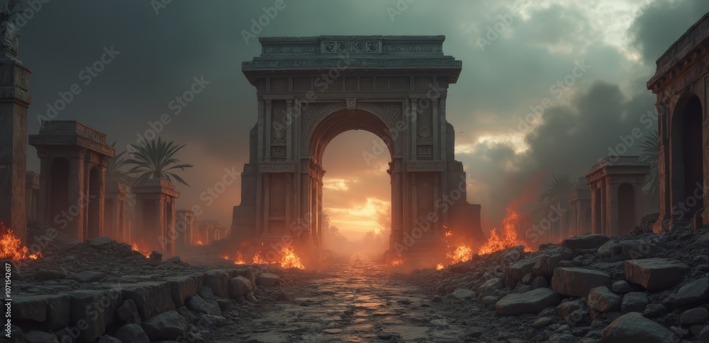 Fototapeta premium A ruined city with a large archway in the middle of it