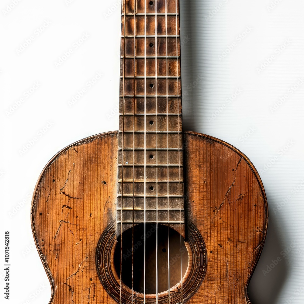 Obraz premium Old acoustic guitar with a weathered and distressed finish is leaning against a white wall