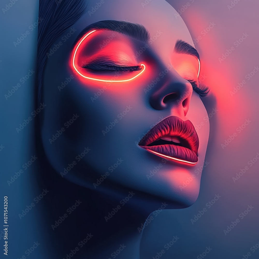 Close-up of an illuminated face with vibrant neon highlights, peaceful expression. Close-up of an illuminated face with vibrant neon highlights, peaceful expression.