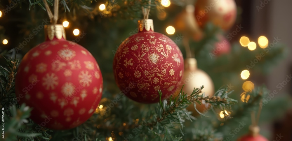 A close up of red and gold ornaments on a Christmas tree A close up of red and gold ornaments on a Christmas tree