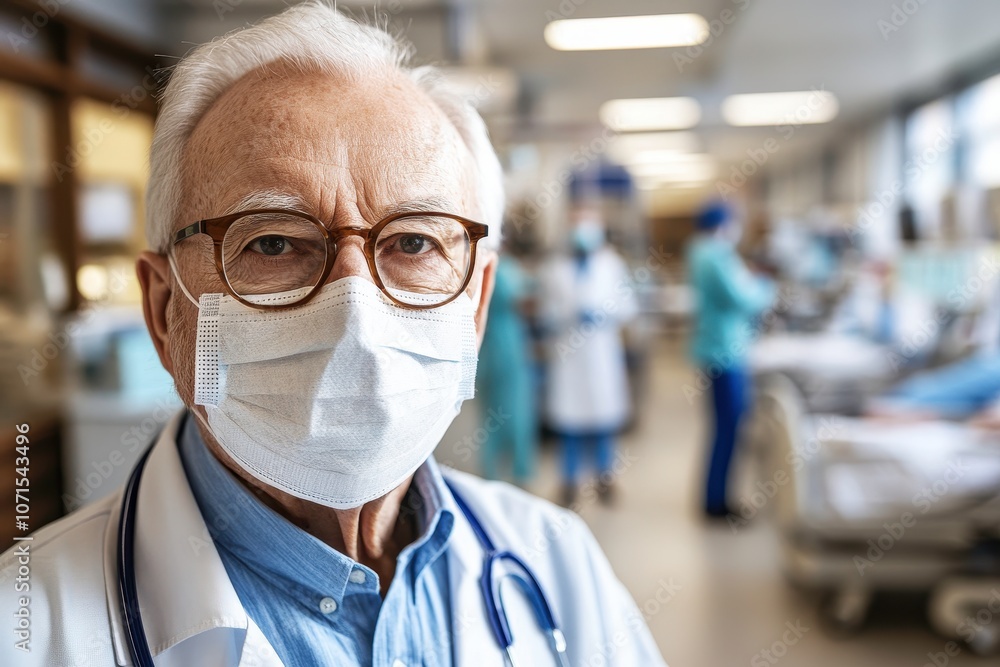 Senior Doctor in Hospital with Medical Team in Background Senior Doctor in Hospital with Medical Team in Background
