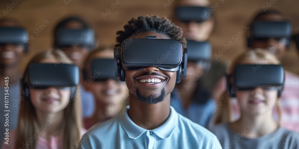 Multicultural schoolchildren using virtual reality headsets and African American teacher standing behind Multicultural schoolchildren using virtual reality headsets and African American teacher standing behind