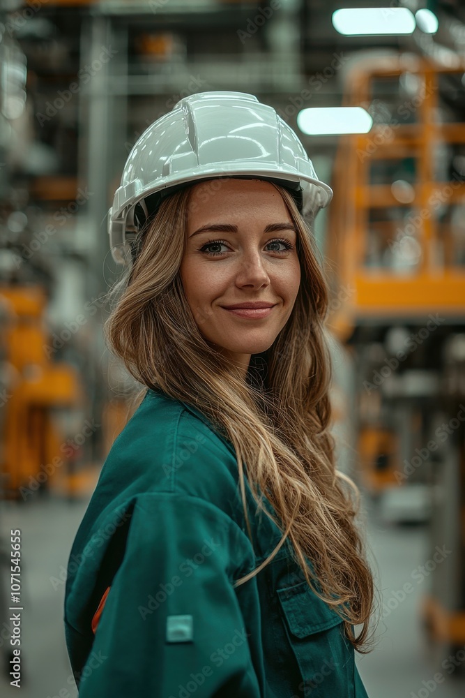 Confident female engineer wearing a white helmet at a construction site Confident female engineer wearing a white helmet at a construction site