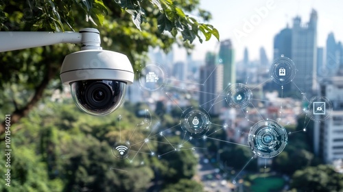 White security camera on the left side of an urban background with icons representing data and internet connection floating, with buildings or city view in the background