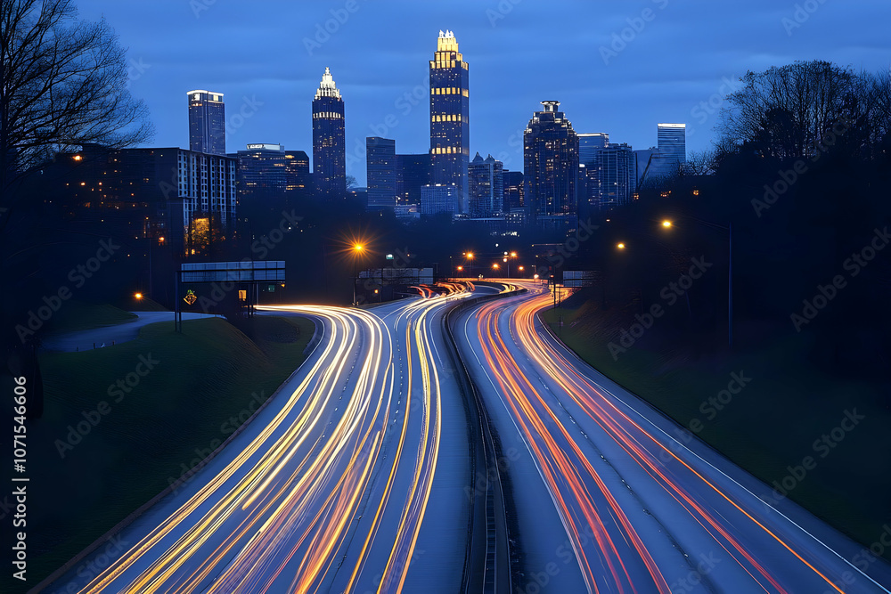 Obraz premium Photo - Atlanta Skyline and Highway Light Trails at Dusk