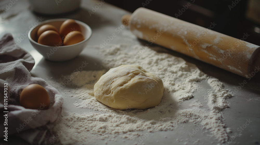 Fototapeta premium A close-up of a ball of dough on a floured countertop, with a rolling pin, a small bowl of flour, and a few cracked eggs nearby. Soft, warm lighting creates a cozy atmosphere in the kitchen. The scene