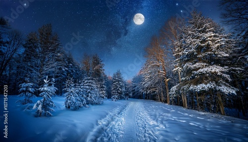 Wallpaper Mural 星が輝く冬の夜、雪に包まれた森の小道に月明かりが差し込む
 Torontodigital.ca