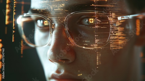 Portrait of a Man with Glasses. Half Face in Cyberspace photo