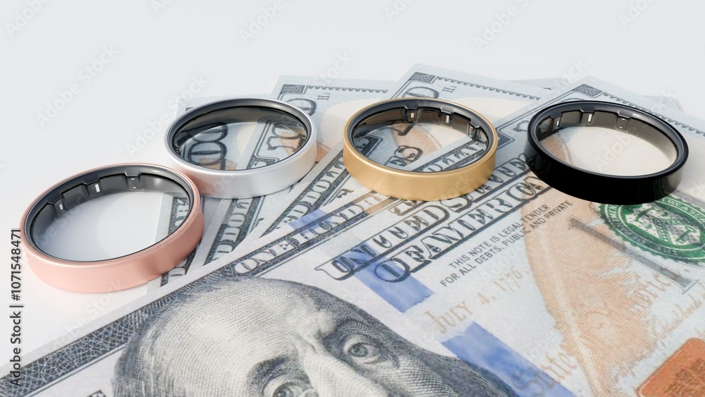 3d rendering of smart rings as wearable electronic device and stack of hundred dollar bills. 3d rendering of smart rings as wearable electronic device and stack of hundred dollar bills.