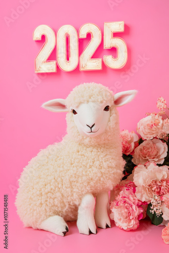 New Year Cards: 2025-themed Cute Neon Background Baby Sheep Illustrations photo