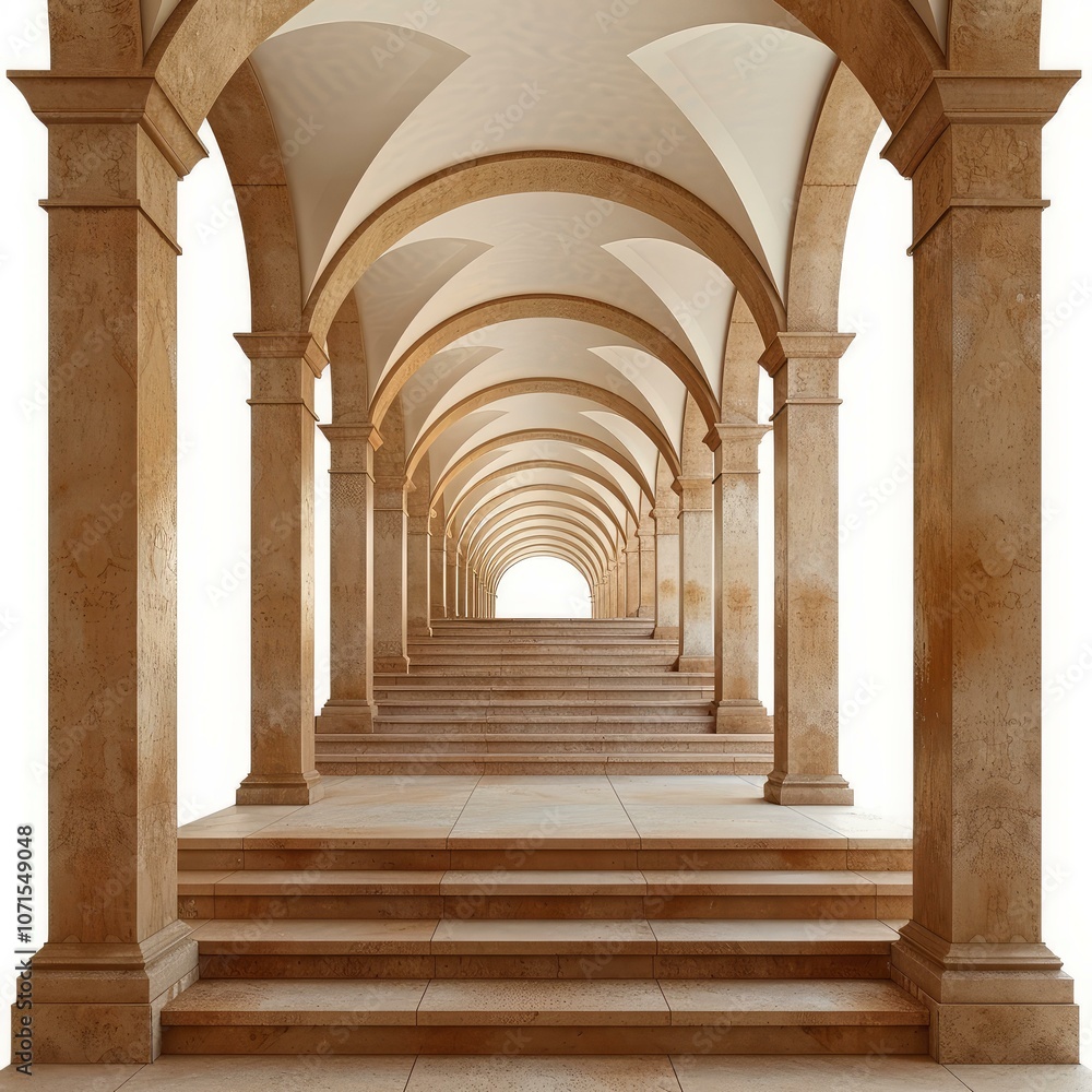 Obraz premium Stone covered passageway with arches and columns leading to a bright light at the end