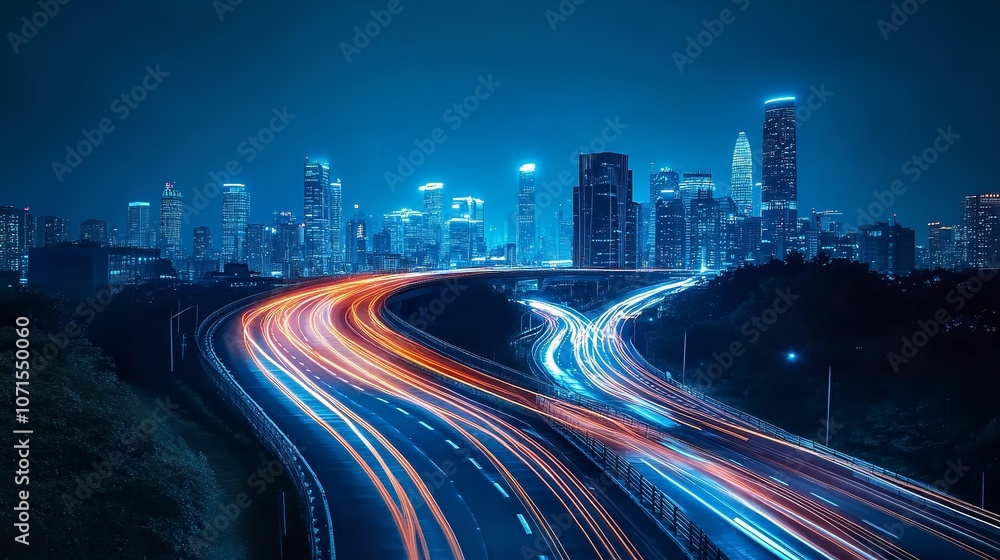 Fototapeta premium Smart City with Speed Line Glowing Light Trail Surround