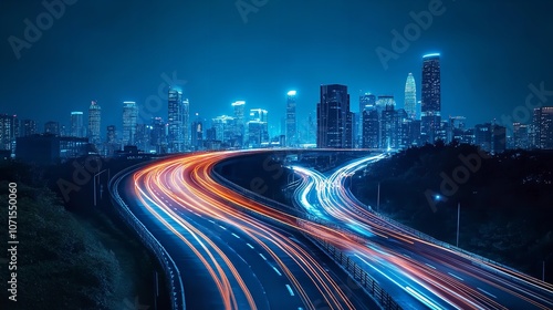 Smart City with Speed Line Glowing Light Trail Surround photo