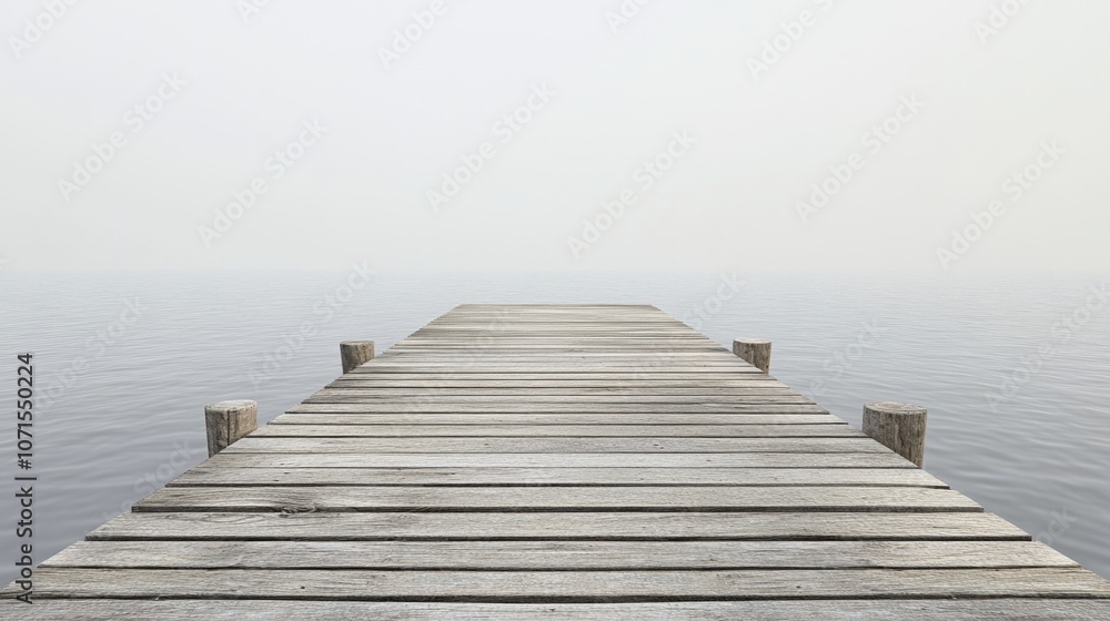 Fototapeta premium Wooden pier extending over calm water into a foggy atmosphere.