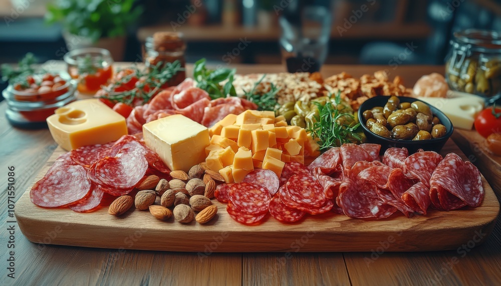 Appetizing Charcuterie Board with Assorted Cheeses, Salami, Nuts, and Olives, Perfect for Entertaining Guests or a Romantic Dinner, Gourmet Food Presentation Appetizing Charcuterie Board with Assorted Cheeses, Salami, Nuts, and Olives, Perfect for Entertaining Guests or a Romantic Dinner, Gourmet Food Presentation