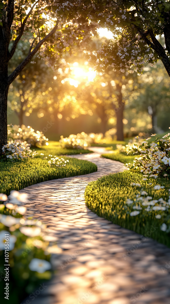 Obraz premium 3D Illustration - Golden Hour Garden Path, Blossoming Trees, and Lush Greenery