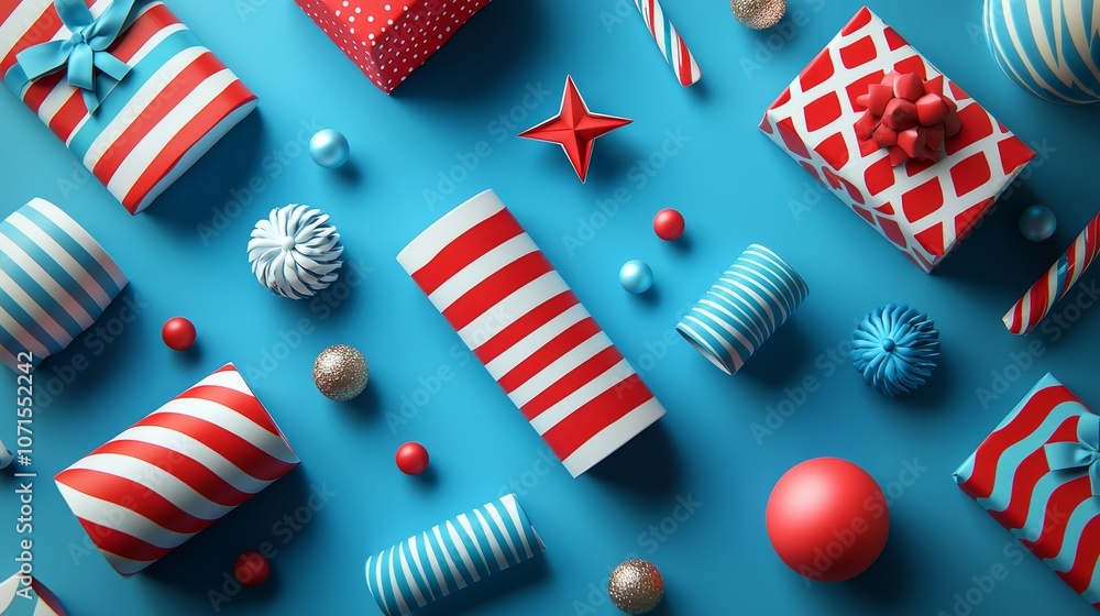 Obraz premium Colorful holiday gifts with various patterns and decorations, arranged artistically on a bright blue background.