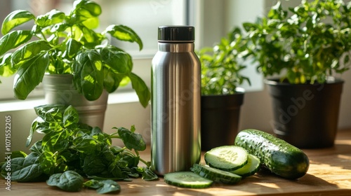 Healthpromoting Veganuary choice with reusable steel bottle and smoothie photo