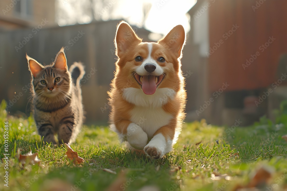 Photo of Playful Corgi and Tabby Cat Running in Sunny Grass Photo of Playful Corgi and Tabby Cat Running in Sunny Grass