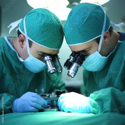 Two surgeons wearing surgical scrubs and masks operating on a patient using microscopes. photo