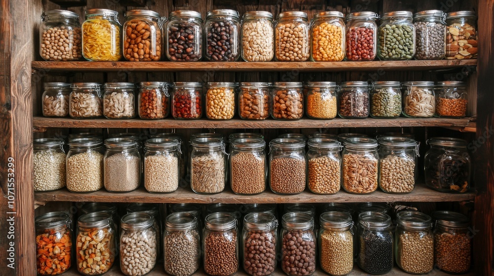 Sustainable vegan pantry organization with glass jars of grains