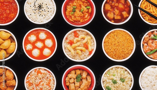 Variety of Chinese takeout food dishes in bowls, arranged on a black background. photo