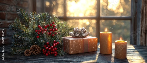 A cozy Christmas scene featuring a beautifully wrapped gift, festive greenery, and glowing candles, illuminated by warm sunlight filtering through a window.